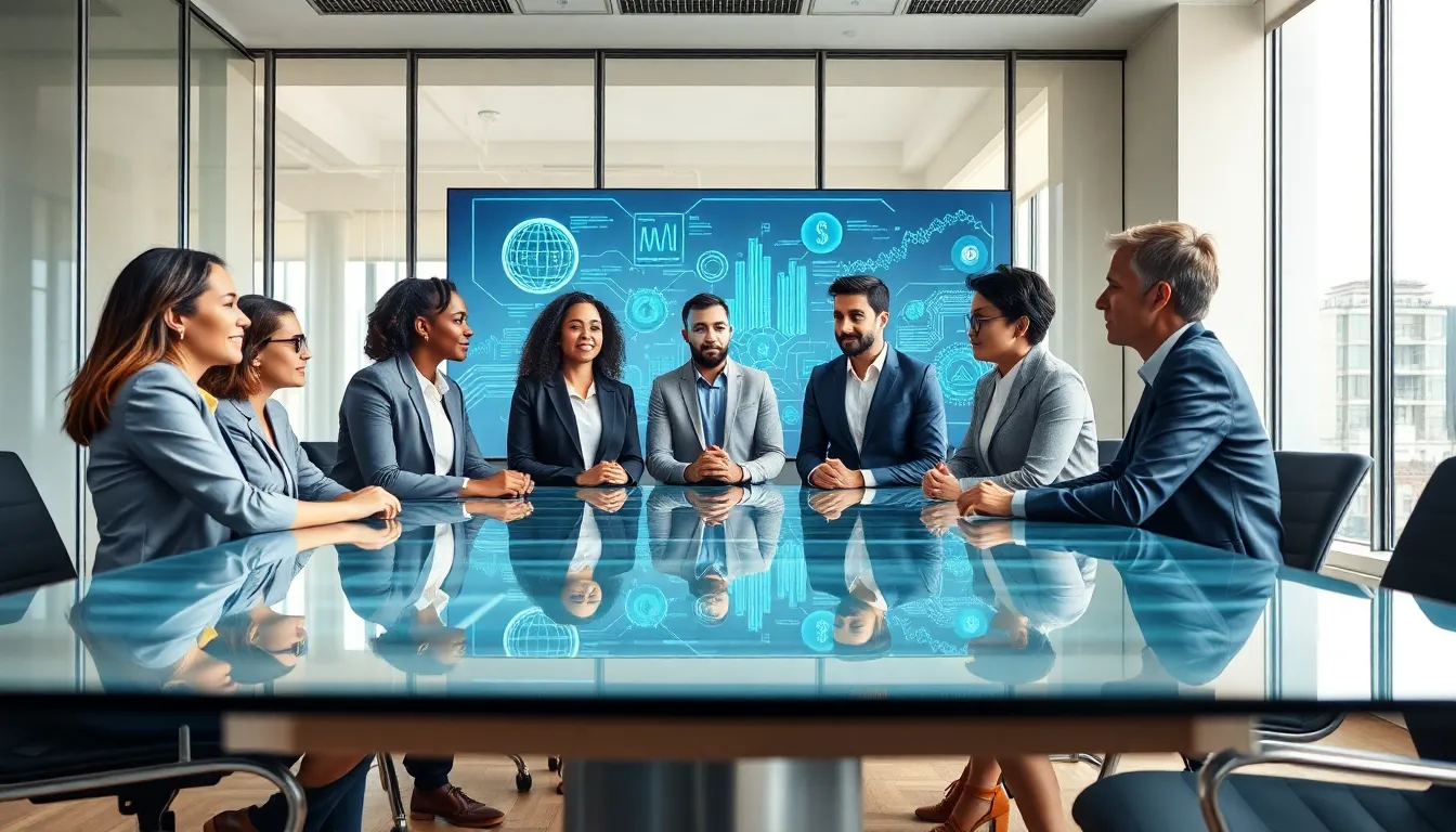 diverse professionals discussing the impact of emerging technologies in a modern office.