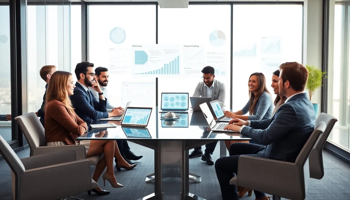 diverse team discussing martech solutions in a modern office.