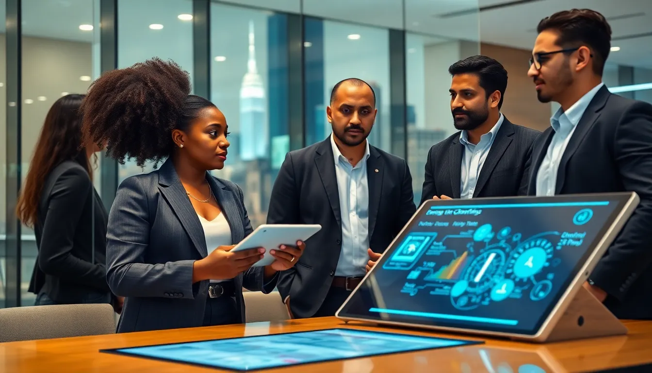 diverse professionals discussing disruptive technologies in a modern office.