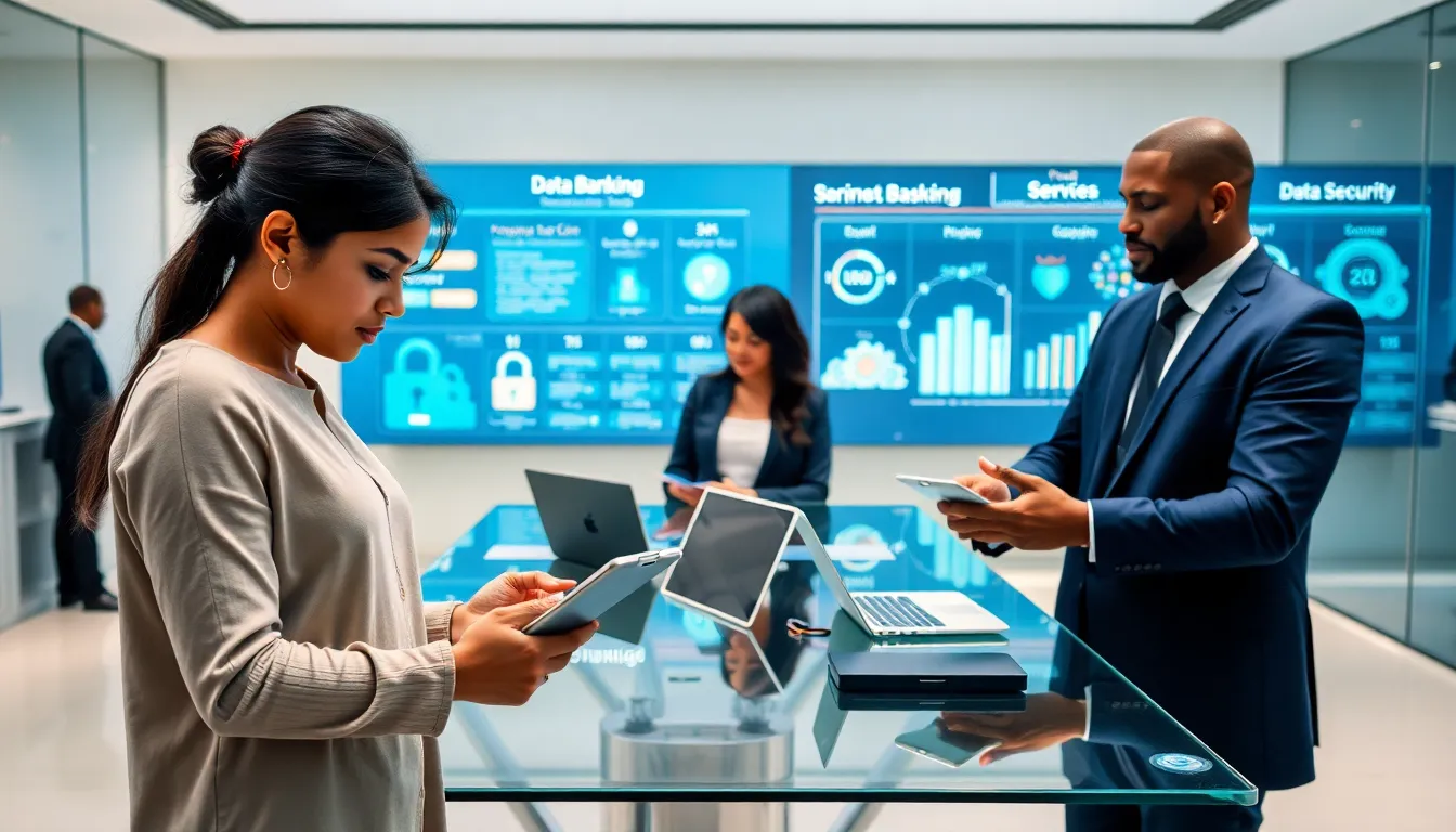 diverse professionals using technology in a modern banking office.