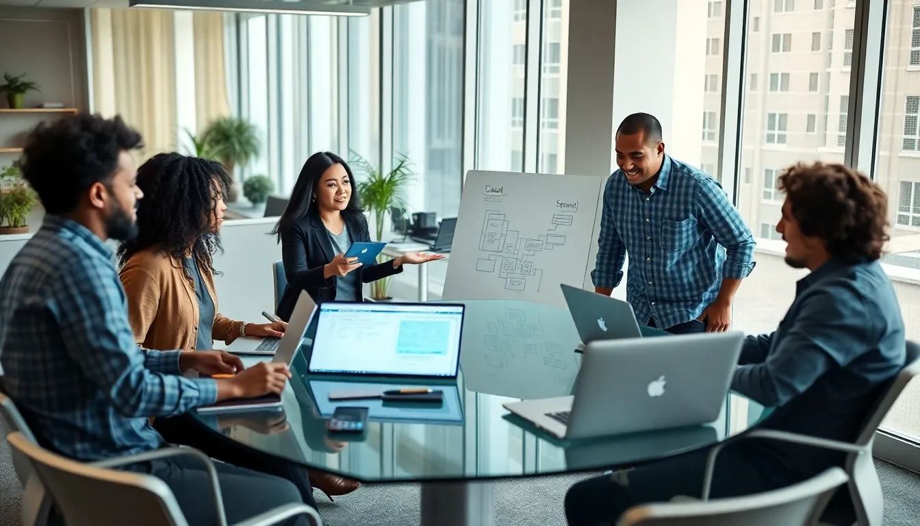 diverse software developers collaborating in a modern office.