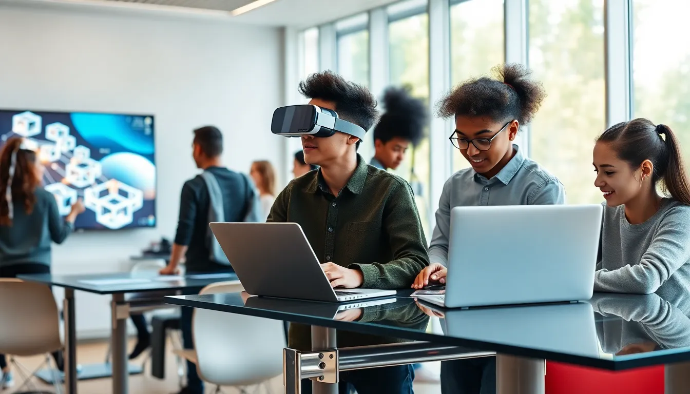 students engaging with advanced learning technologies in a modern classroom.