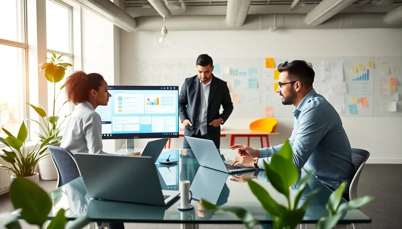 diverse team collaborating in a modern software development office.