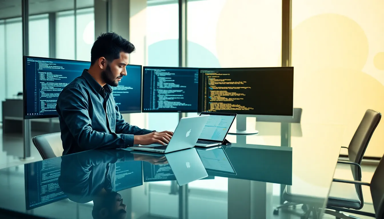 QA software engineer reviewing test plans in a modern office.