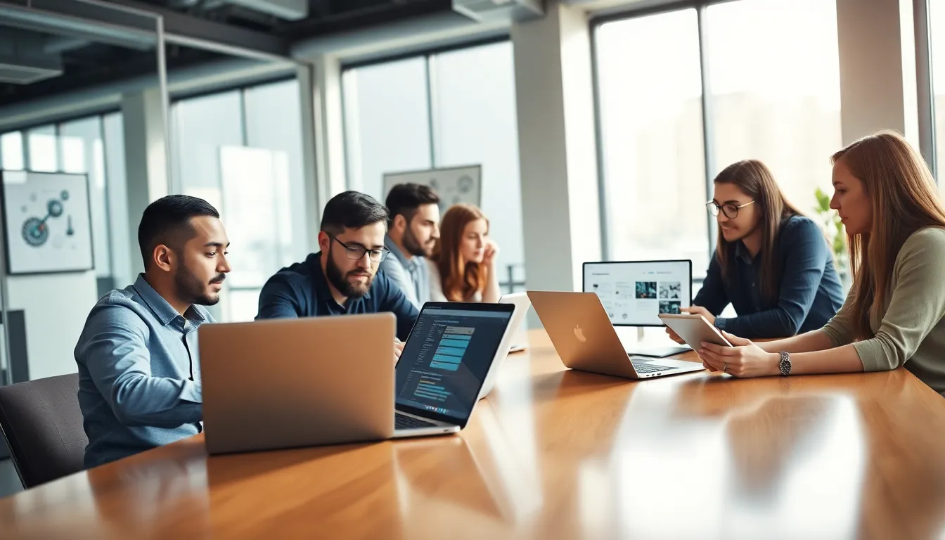 diverse team of software developers collaborating in a modern office.