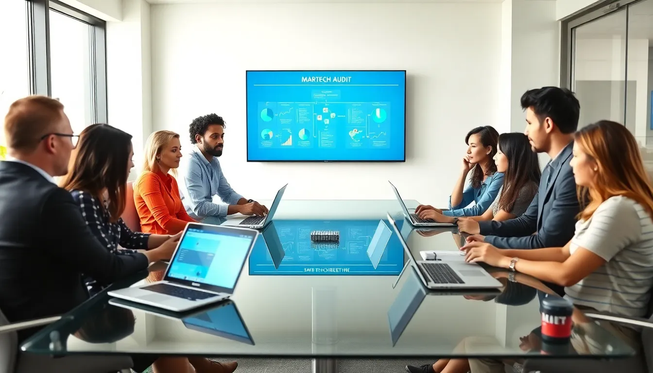 diverse marketing team discussing a martech audit in a modern office.