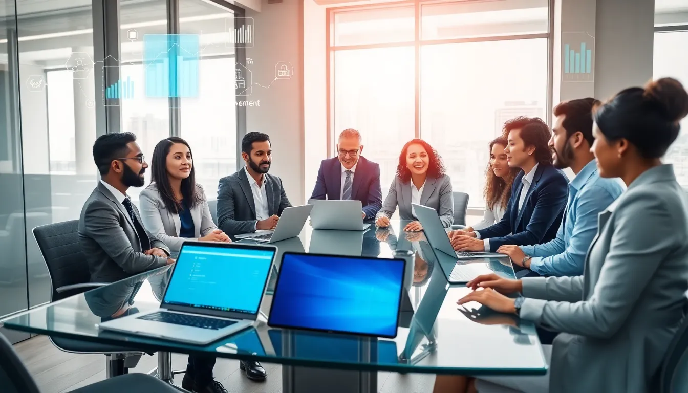 diverse team collaborating on procurement technologies in a modern office.