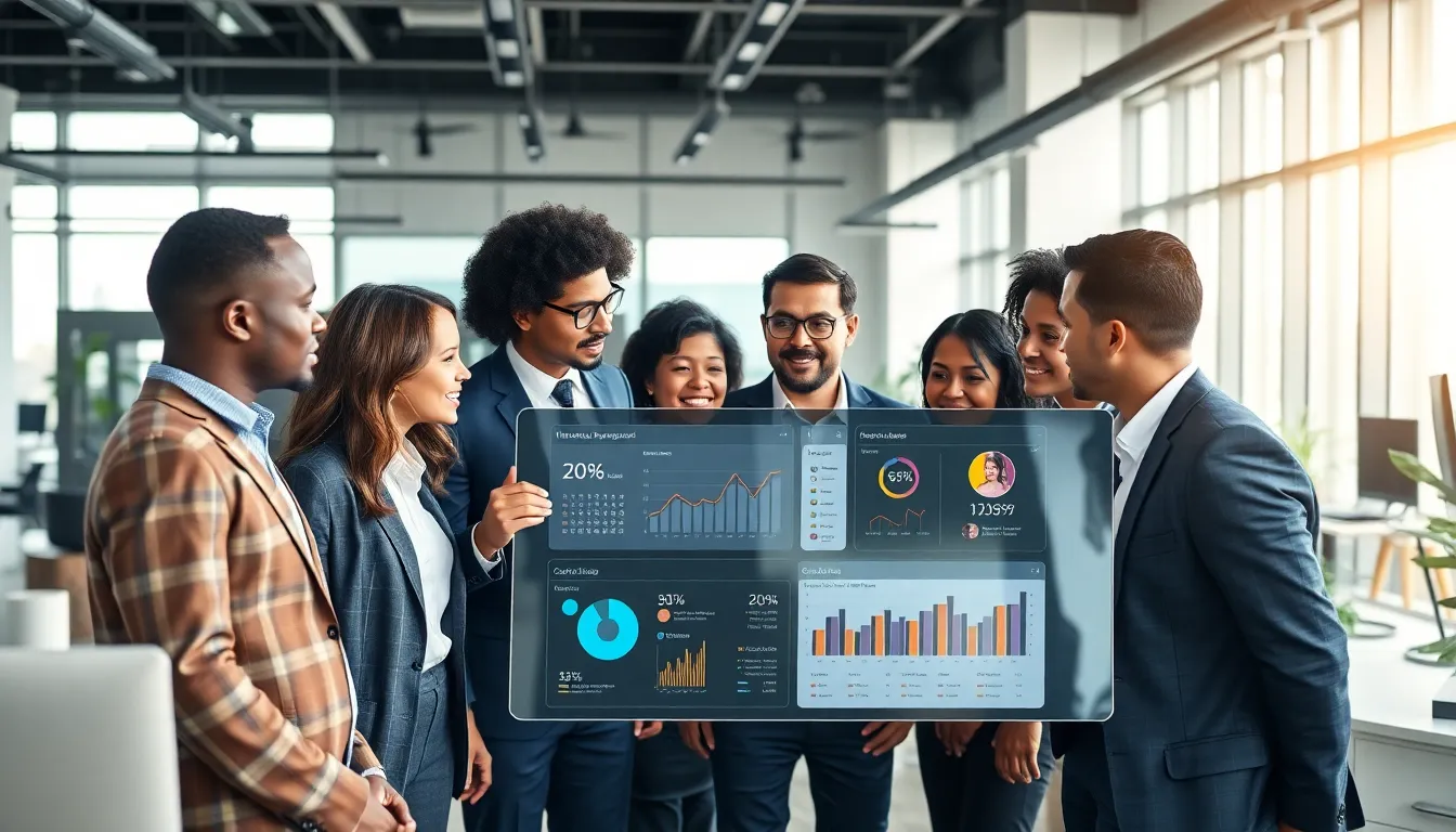 diverse marketing team discussing advanced digital analytics in a modern office.