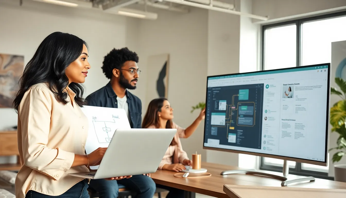 diverse team collaborating in a modern office on software development concepts.
