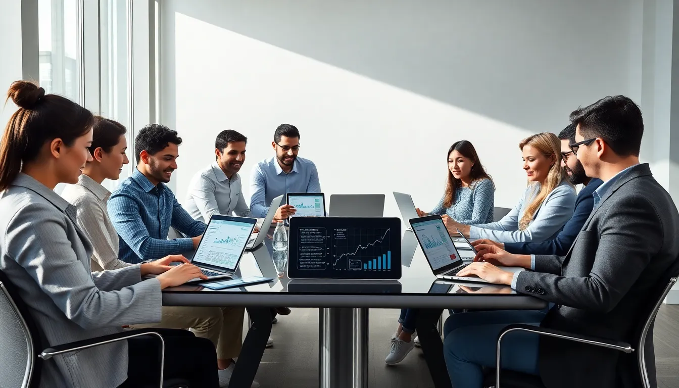 diverse team collaborating with marketing technology tools in a modern office.